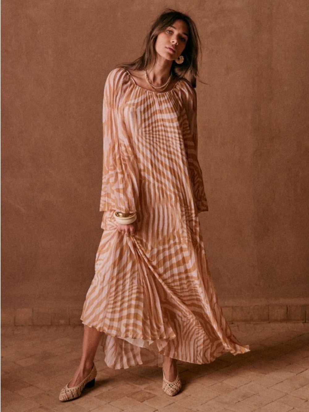 Sézane Julietta Maxi Dress Accordion Pleat Neutral Zebra Print